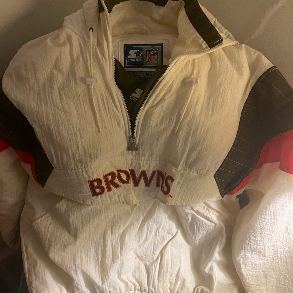 Cleveland Browns Starter Rare 90s Pull Over Puffer Coat White Brown Orange